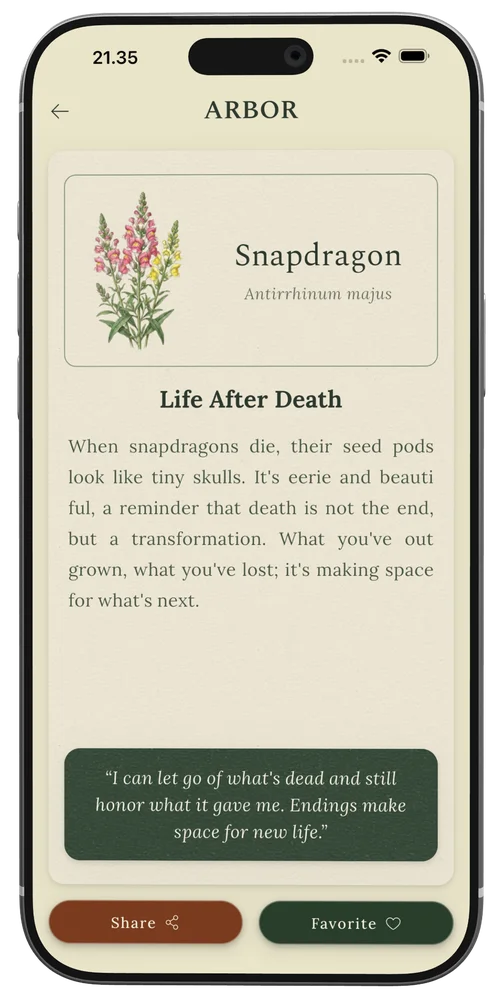 Arbor card detail with plant philosophy